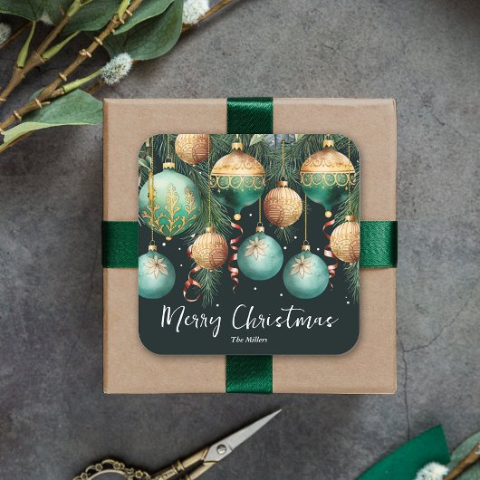 Gold Green Merry Christmas Ornaments Vierkante Sticker
