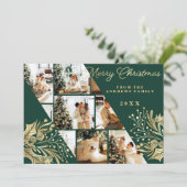 Gold Green Merry-kerstflora Foto Collage Feestdagenkaart (Staand voorkant)