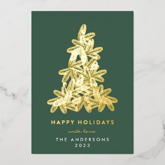 Gold & Green Merry-kerstpine-boom Happy Folie Feestdagenkaart (Voorkant)