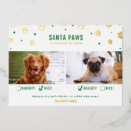 Gold & Green Naughty of Nice Two Dog Photo Folie Feestdagenkaart