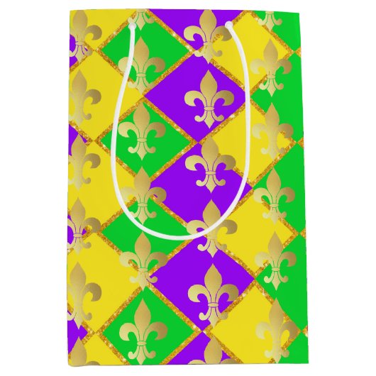 Gold Green Paars Mardi Gras Harlequin Pattern Medium Cadeauzakje (Voorkant)