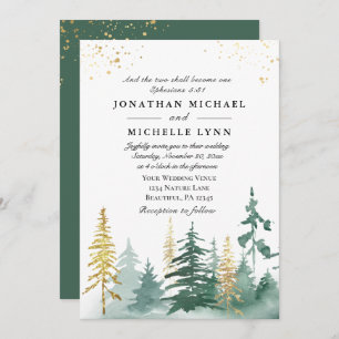 Gold Green Pine Forest Trees Christelijk Wedding Kaart