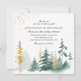 Gold Green Pine Trees Forest Christelijk Wedding Kaart