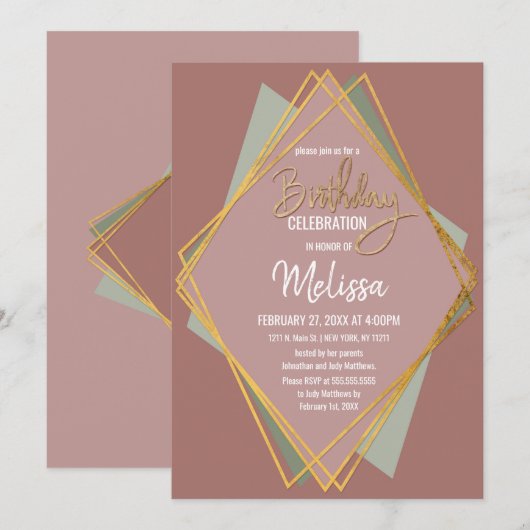 Gold Green Pink en Mauve Geometric Birthday Kaart (Voorkant / Achterkant)
