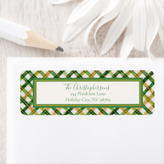 Gold Green Plaid Christmas Retour Adreslabel Etiket (Insitu)