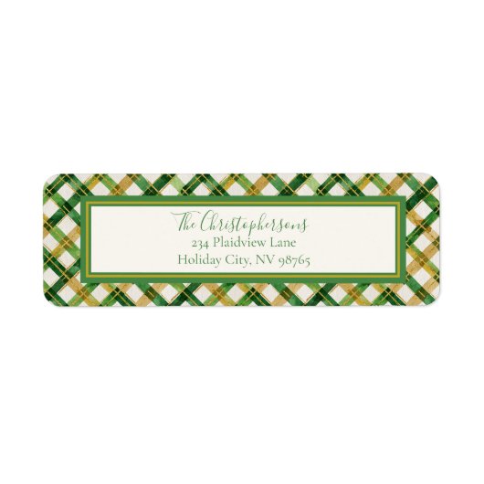 Gold Green Plaid Christmas Retour Adreslabel Etiket (Voorkant)
