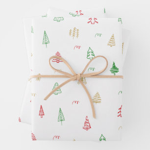Gold Green Red-kerstbomen Inpakpapier Vel