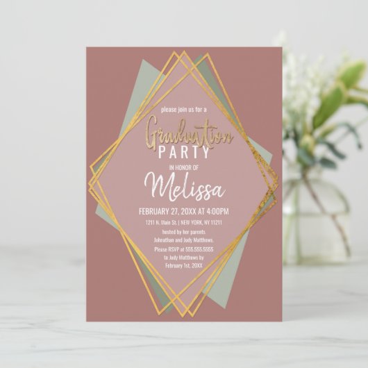 Gold Green Roze en Mauve Geometric Afstuderen Kaart (Staand voorkant)