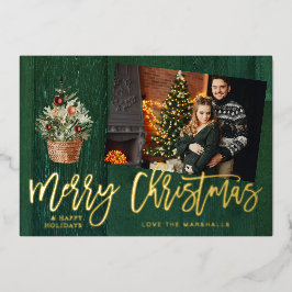 Gold & Green Rustic Merry One-foto Folie Uitnodiging