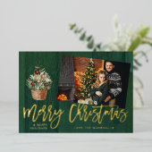 Gold & Green Rustic Merry One-foto Folie Uitnodiging (Staand Voorkant)