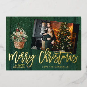 Gold & Green Rustic, prettig kerstfeest 4 Multi-fo Folie Uitnodiging
