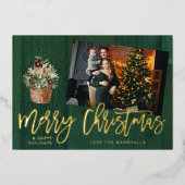 Gold & Green Rustic, prettig kerstfeest 4 Multi-fo Folie Uitnodiging (Voorkant)