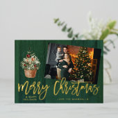 Gold & Green Rustic, prettig kerstfeest 4 Multi-fo Folie Uitnodiging (Staand Voorkant)