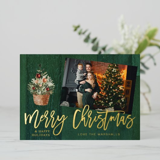 Gold & Green Rustic, prettig kerstfeest 4 Multi-fo Folie Uitnodiging (Staand Voorkant)
