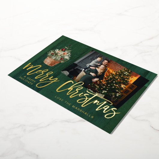 Gold & Green Rustic, prettig kerstfeest 4 Multi-fo Folie Uitnodiging (Gedraaid)