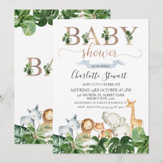 Gold Green Safari Animals Baby shower Invitation Kaart (Voorkant / Achterkant)