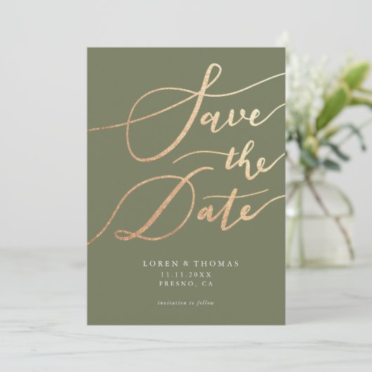 Gold Green Script Typografie Save The Date (Staand voorkant)