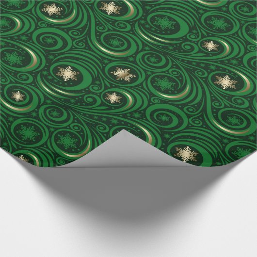 Gold Green Snowflake Damask Pattern Wrapping Paper Cadeaupapier (Hoek)