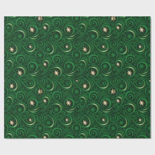 Gold Green Snowflake Damask Pattern Wrapping Paper Cadeaupapier (Vlak)