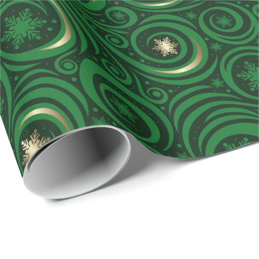 Gold Green Snowflake Damask Pattern Wrapping Paper Cadeaupapier (Rol Hoek)