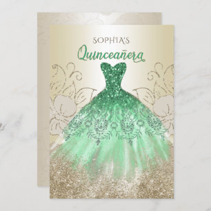 Gold Green Sparkle Dress Quinceañera Quince Kaart