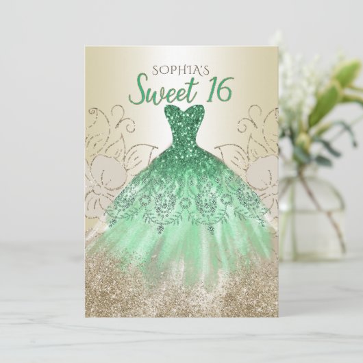 Gold Green Sparkle Dress Sweet 16 jaar Kaart (Staand voorkant)