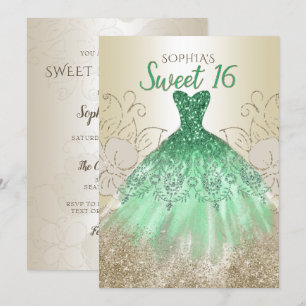 Gold Green Sparkle Dress Sweet 16 jaar Kaart