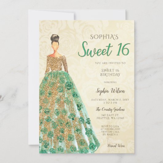 Gold Green Sparkle Dress Sweet 16 jaar Kaart (Voorkant)