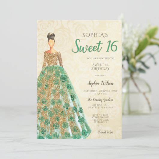 Gold Green Sparkle Dress Sweet 16 jaar Kaart (Staand voorkant)