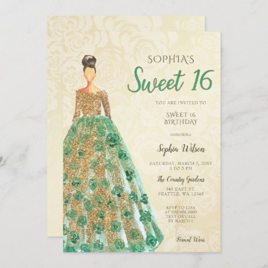 Gold Green Sparkle Dress Sweet 16 jaar Kaart (Voorkant / Achterkant)