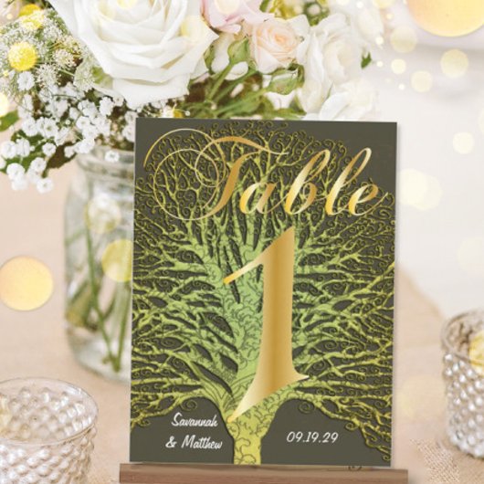 Gold Green Swirly Tree Table Number 1 Briefkaart