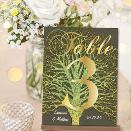 Gold Green Swirly Tree Table Number 3 Briefkaart