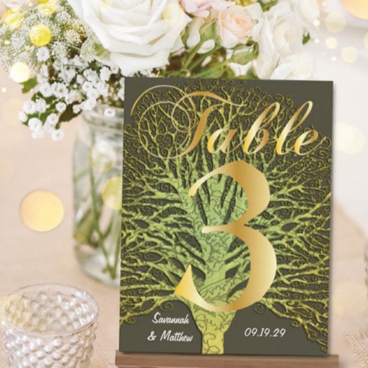 Gold Green Swirly Tree Table Number 3 Briefkaart