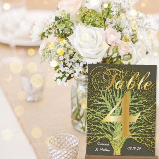 Gold Green Swirly Tree Table Number 4 Briefkaart