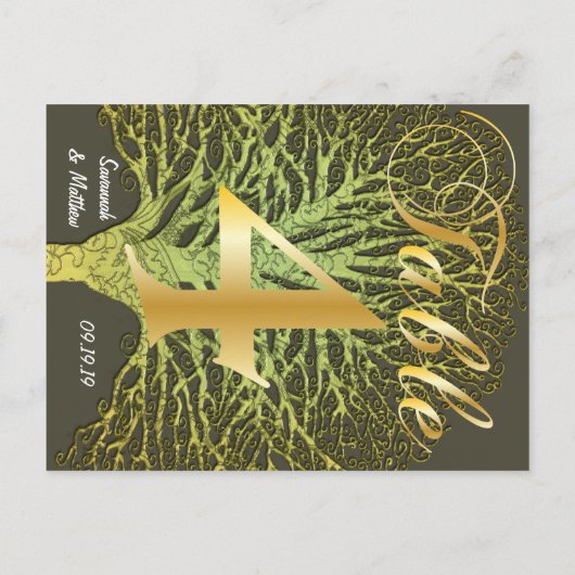 Gold Green Swirly Tree Table Number 4 Briefkaart (Achterkant)