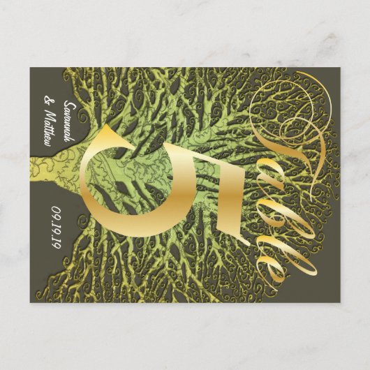 Gold Green Swirly Tree Table Number 5 Briefkaart (Achterkant)