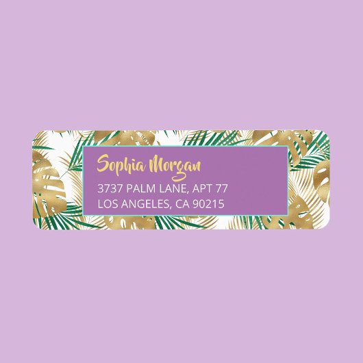 Gold & Green Tropical Leaves Name Address Lavender Etiket