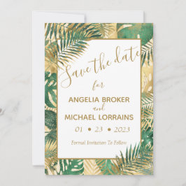Gold Green Tropical Leaves Save the Date Invitatio Kaart
