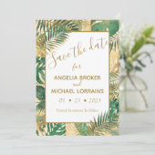 Gold Green Tropical Leaves Save the Date Invitatio Kaart (Staand voorkant)