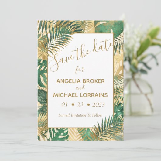 Gold Green Tropical Leaves Save the Date Invitatio Kaart (Staand voorkant)