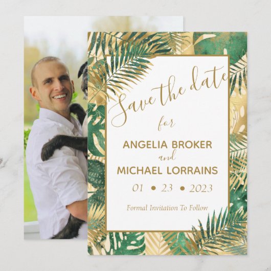 Gold Green Tropical Leaves Save the Date Invitatio Kaart (Voorkant / Achterkant)