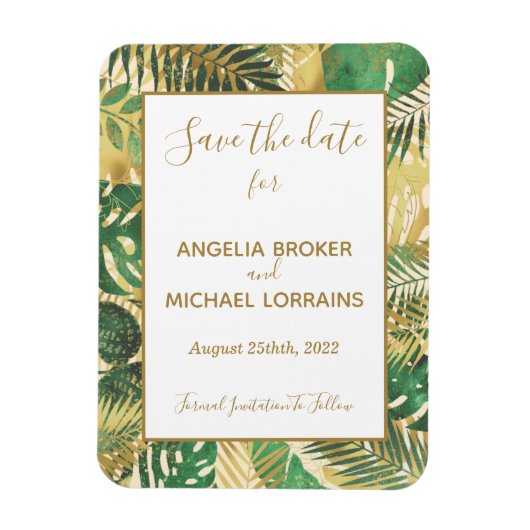 Gold Green Tropical Leaves Save the Date Wedding I Magneet (Verticaal)