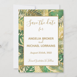 Gold Green Tropical Leaves Save the Date Wedding Kaart