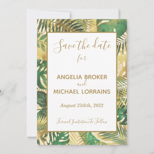 Gold Green Tropical Leaves Save the Date Wedding Kaart (Voorkant)