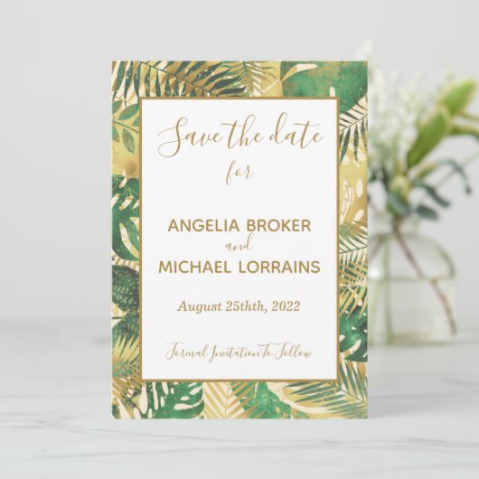 Gold Green Tropical Leaves Save the Date Wedding Kaart (Staand voorkant)