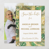 Gold Green Tropical Leaves Save the Date Wedding Kaart (Voorkant / Achterkant)