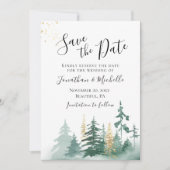 Gold Green Woodland Pine Trees Inspirerend Save The Date (Voorkant)