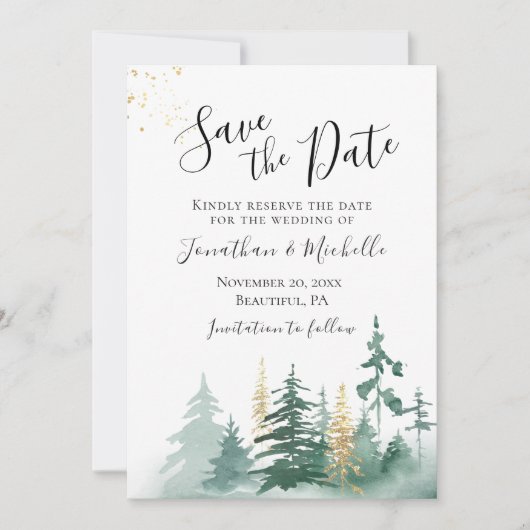 Gold Green Woodland Pine Trees Inspirerend Save The Date (Voorkant)