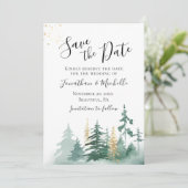 Gold Green Woodland Pine Trees Inspirerend Save The Date (Staand voorkant)