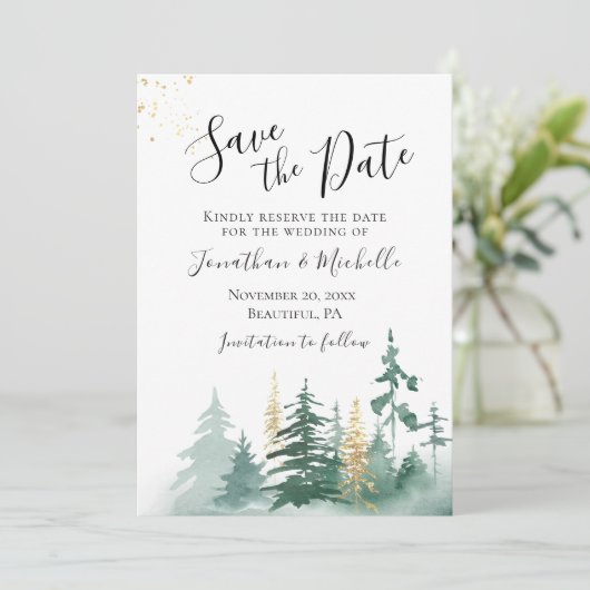 Gold Green Woodland Pine Trees Inspirerend Save The Date (Staand voorkant)